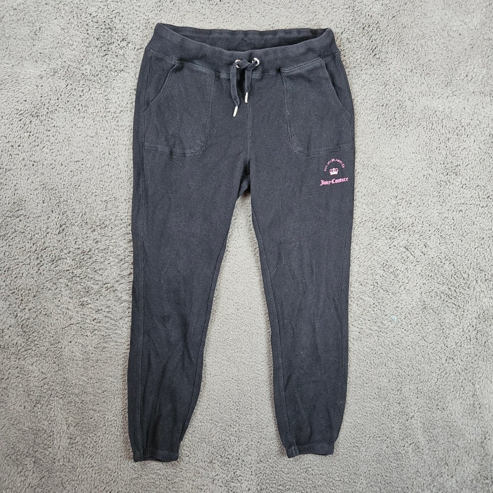 Juicy Couture Sport Black Waffle Knit Jogger Sweatpants Pinkβ Logo Womens Medium